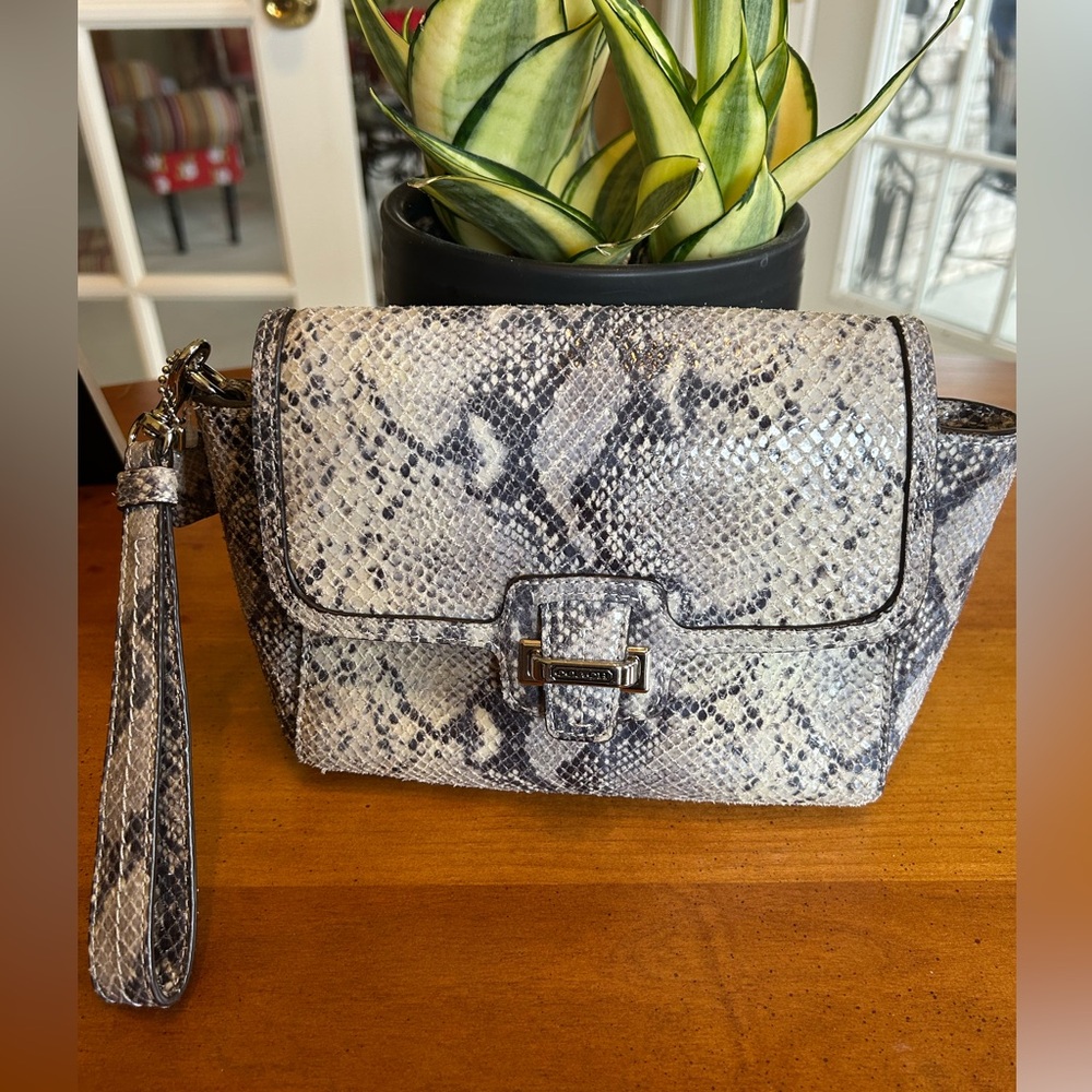 Coach Leather Snake-Print Wristlet Clutch in Gray and  Cream